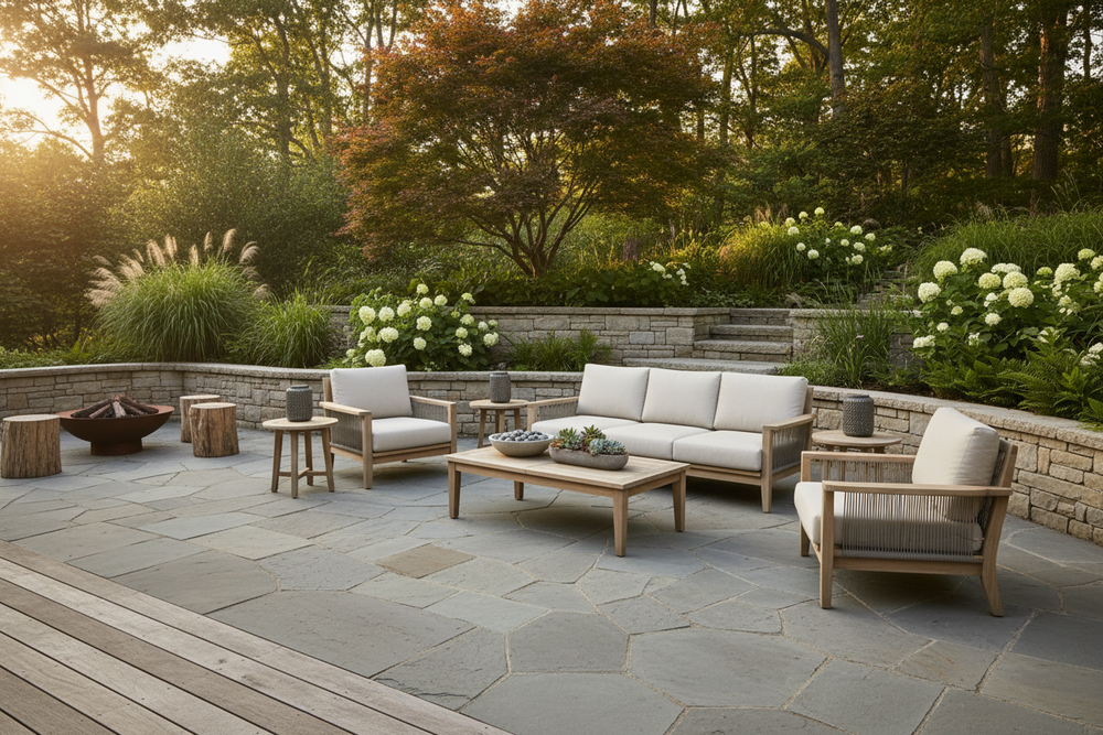 A clean, inspiring outdoor living environment showcasing well-crafted outdoor furniture, balanced design, and natural elements. The scene should convey quality, durability, and purpose, with soft daylight, neutral tones, and a calm, confident brand feel. No text, no logos, minimal or no people.