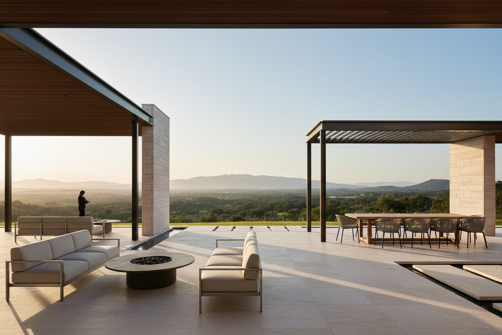 A forward-looking outdoor living scene featuring modern outdoor architecture, elegant furniture, open natural surroundings, and soft horizon lighting. The image should feel aspirational, spacious, and future-focused while maintaining a warm, premium outdoor lifestyle atmosphere. No text, no logos, minimal or people.