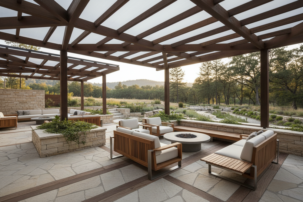A modern yet warm outdoor living scene featuring innovative outdoor furniture designs, stone and wood textures, clean lines, and natural surroundings. Soft natural lighting with a premium, forward-thinking atmosphere that represents innovation and craftsmanship in outdoor living. No text, no logos, minimal or no people.
