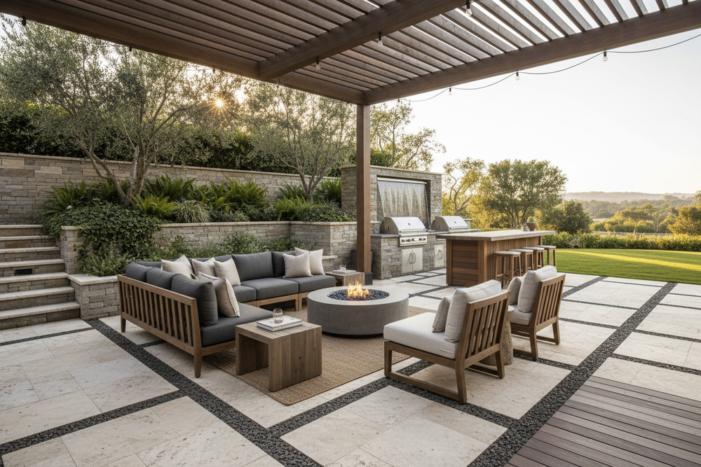 A premium outdoor living scene featuring a stylish patio or backyard setup with modern outdoor furniture, stone and wood textures, warm natural lighting, and lush greenery. The atmosphere should feel inviting, comfortable, and elegant, representing a high-end outdoor living brand. Clean composition, neutral tones, lifestyle-focused, no text, no logos, and minimal or no people.