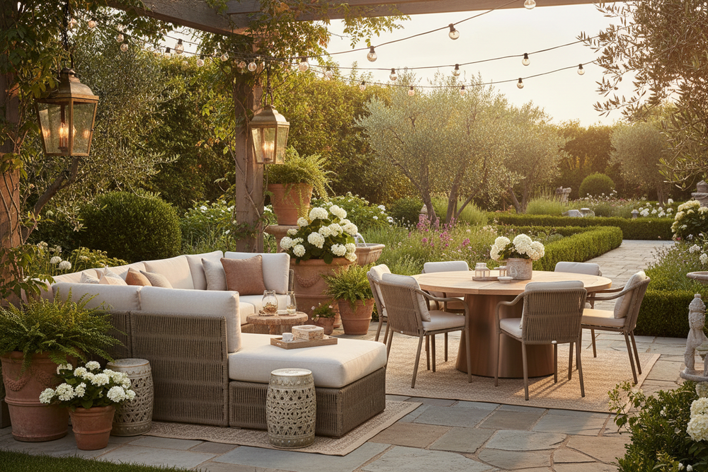 A welcoming outdoor scene showcasing a variety of Hearthstone Outdoor Living products—furniture, décor, and garden accessories—arranged in a beautiful, sunlit patio or backyard. The image should feel premium, inviting, and lifestyle-focused, emphasizing quality, style, and comfort. No text, no logos, people.