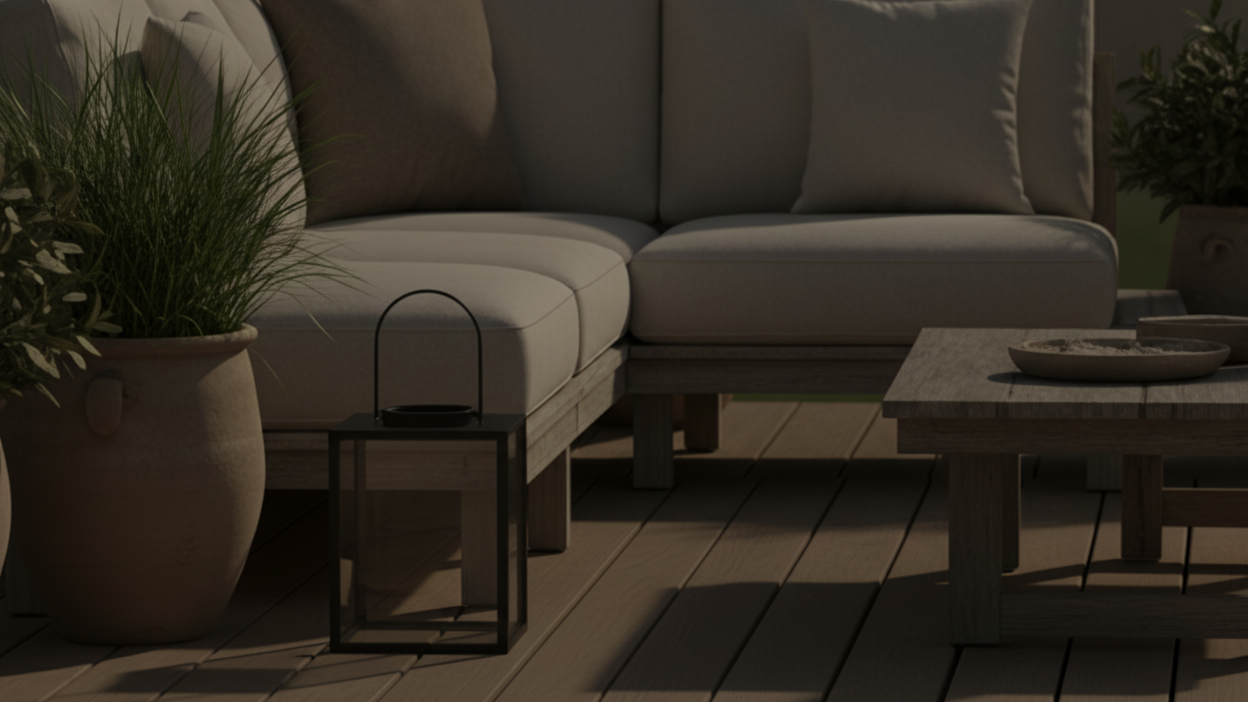 A wide, minimalistic breadcrumb background image for an outdoor living products eCommerce store. Soft natural sunlight, modern patio furniture, wooden deck flooring, greenery, plants, and subtle outdoor decor. Neutral earthy tones (beige, olive green, light brown). Blurred background with empty space in the center/top for breadcrumb text. Premium, clean, modern UI-friendly style. No people, no text, landscape orientation.
