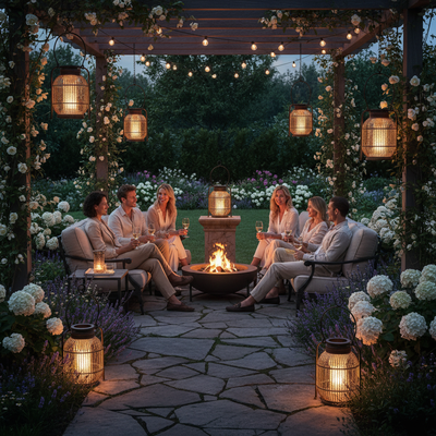 Decorative outdoor lanterns with warm ambient glow, evening garden setup, cozy luxury outdoor mood, realistic lighting and shadows, commercial product photography, square 1:1, people, no text