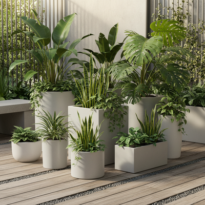 Designer outdoor planters with lush green plants, modern concrete or ceramic pots, patio or garden setting, natural daylight, minimal and premium look, ultra-realistic, square format 1:1, people, no text