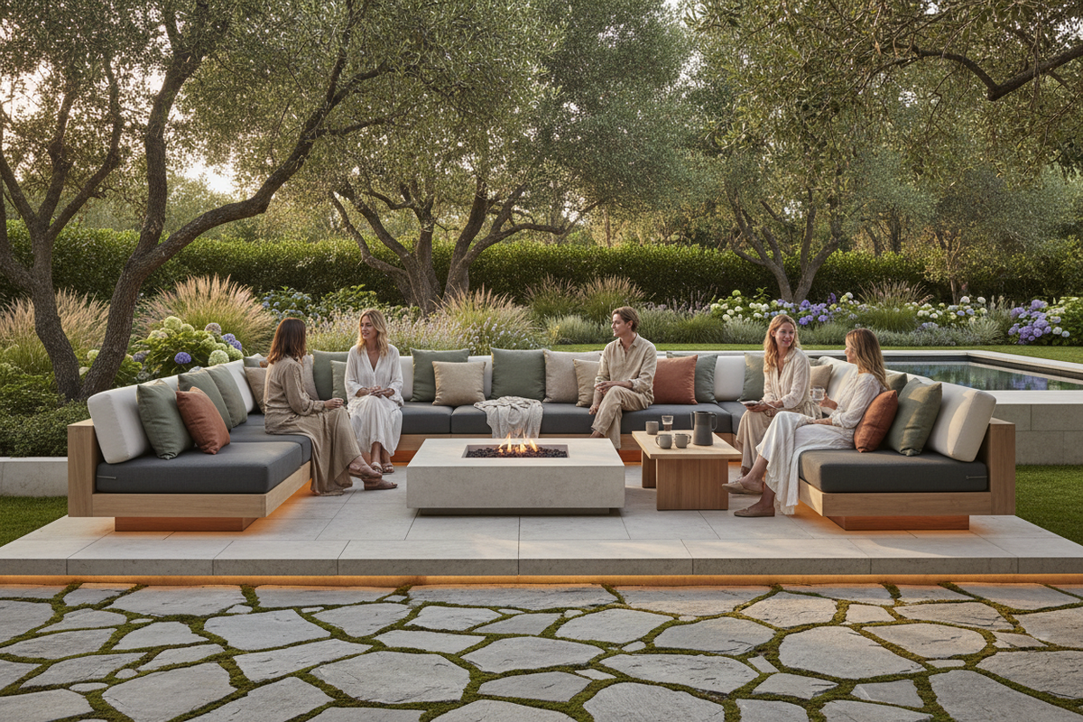 High-end outdoor lounge area in a garden setting, minimalist outdoor furniture, cozy seating with throw pillows, soft sunlight, natural wood and stone materials, calm elegant atmosphere, luxury outdoor living aesthetic, ultra realistic product photography, wide landscape composition 16:9, people, no text, no watermark