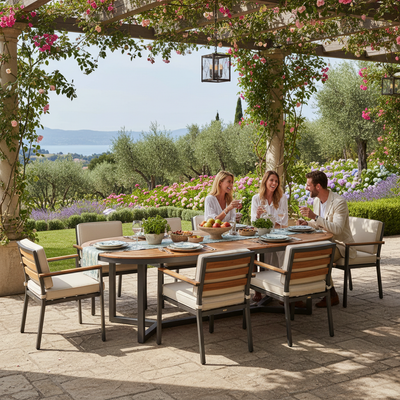 Luxury outdoor dining table set, wooden or metal table with matching chairs, garden patio environment, bright natural daylight, elegant outdoor lifestyle look, high realism, e-commerce ready photography, square format 1:1, people, no text