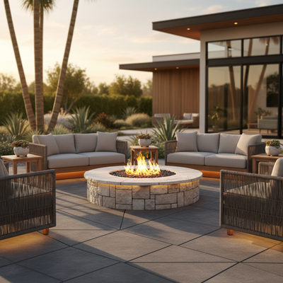 Modern outdoor fire pit, round stone fire bowl with soft flames, placed on patio flooring, evening golden hour lighting, cozy premium outdoor living vibe, ultra-realistic product photography, clean composition, square 1:1, people, no text, no watermark