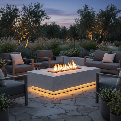 Modern outdoor fire pit table, stone or concrete finish, flames glowing softly, evening outdoor setting, cozy luxury vibe, sharp details, realistic lighting, e-commerce product photo, square format 1:1, people, no text