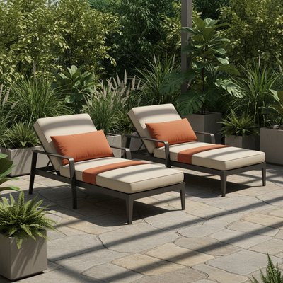 Modern outdoor lounge chairs with cushions, stylish design, placed on stone patio with plants, bright natural light, minimalist composition, product photography style, square 1:1, people, no text