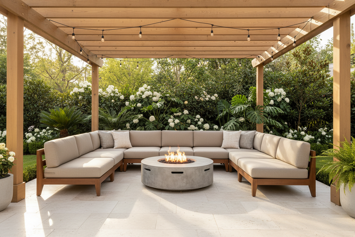 Photorealistic luxury outdoor living space, modern backyard patio with large sectional outdoor sofa, neutral beige cushions, wooden pergola, stone flooring, fire pit table in center, lush green plants, warm natural daylight, premium lifestyle photography, ultra realistic, sharp focus, commercial e-commerce image, landscape 16:9, no text, no watermark