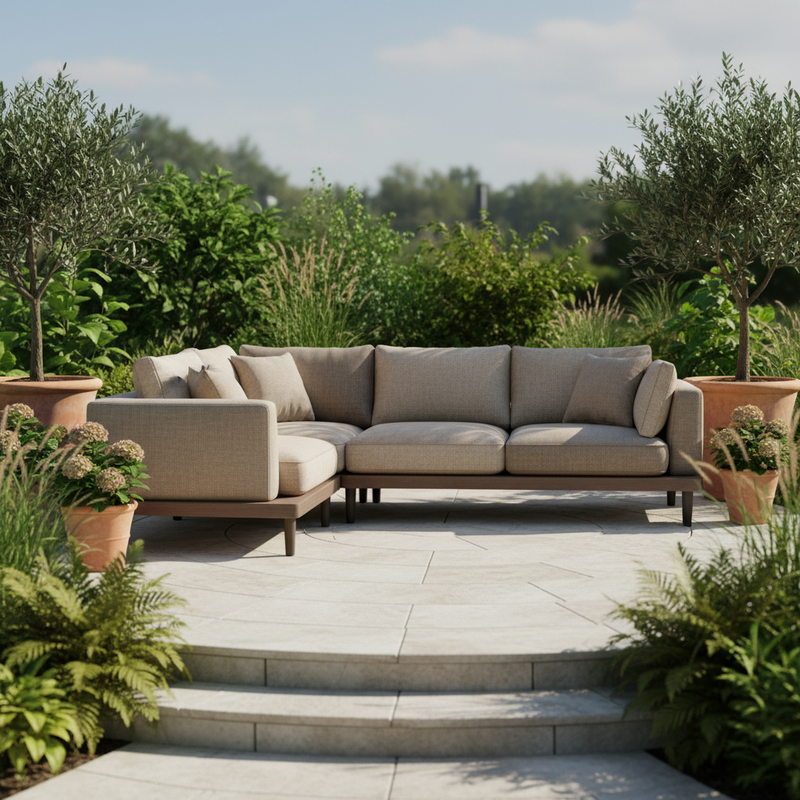 Premium outdoor sectional sofa, weather-resistant fabric, neutral earthy colors, modern design, placed on patio with greenery, clean background, product-focused composition, ultra realistic, commercial product photography, square 1:1, no people, no text
